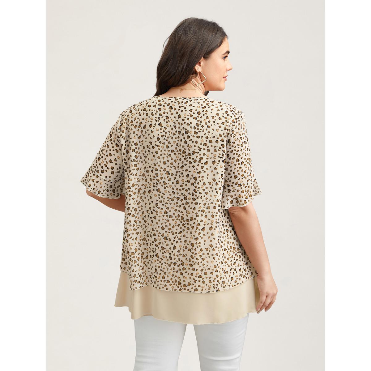 Plus Size LightBrown Polka Dot Print Ruffled V-Neck Layered Shirt Women Casual Half Sleeve V-neck Everyday Blouses BloomChic 18-20/2X Product Image