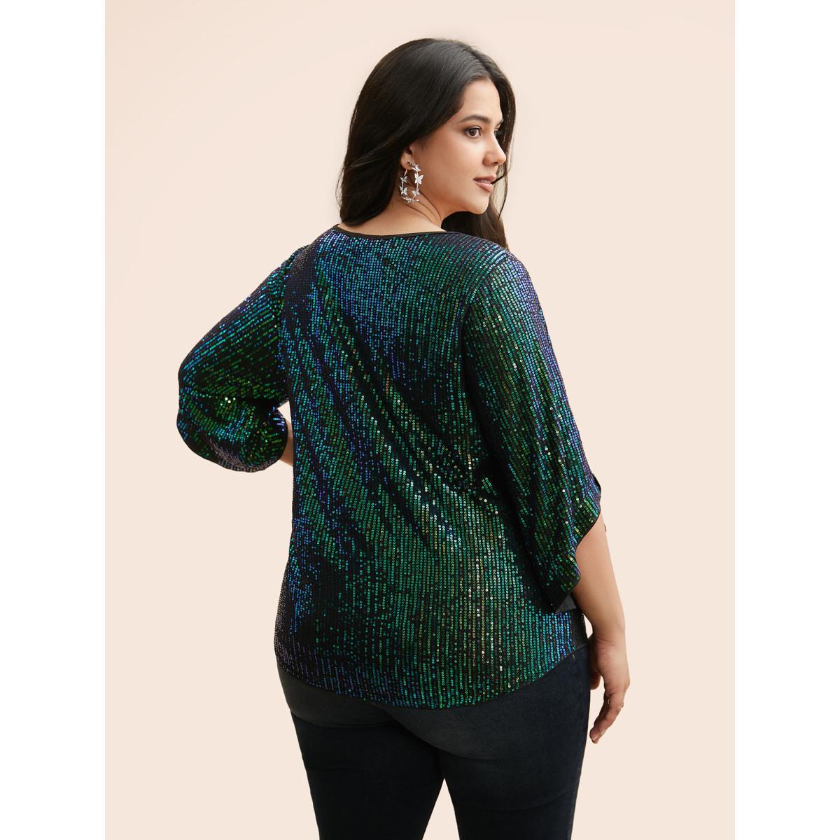 Plus Size DarkGreen Round Neck Sequin Bell Sleeve Blouse Women Cocktail Elbow-length sleeve Round Neck Party Blouses BloomChic 12/L Product Image