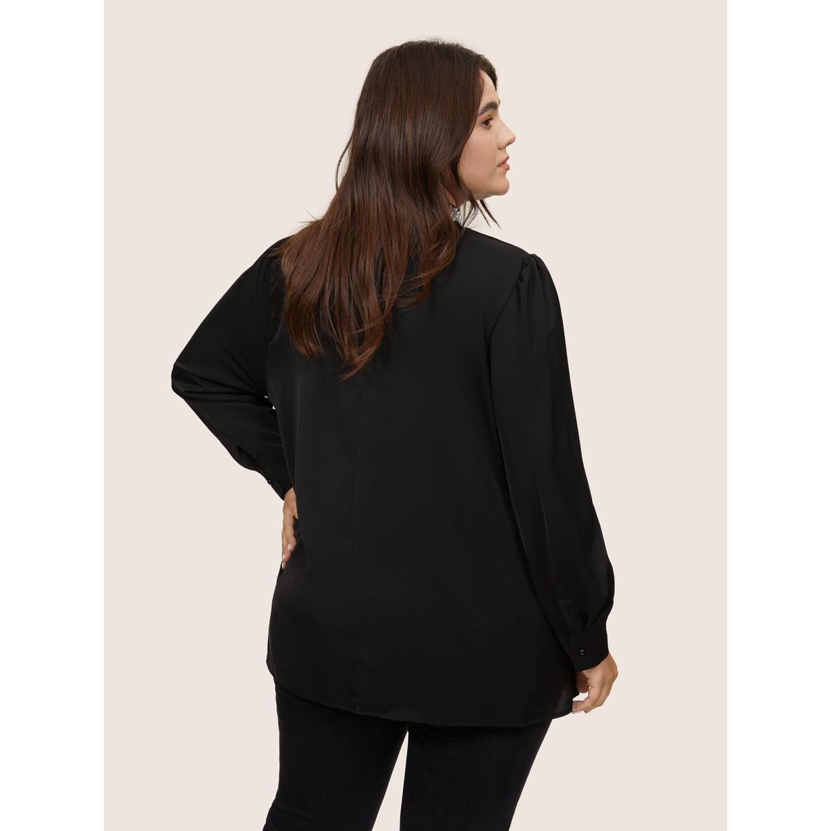 Plus Size Black Anti-Wrinkle Pearl Beaded Contrast Webbing Blouse Women Glamour Long Sleeve Round Neck Going out Blouses BloomChic 26/4X Product Image
