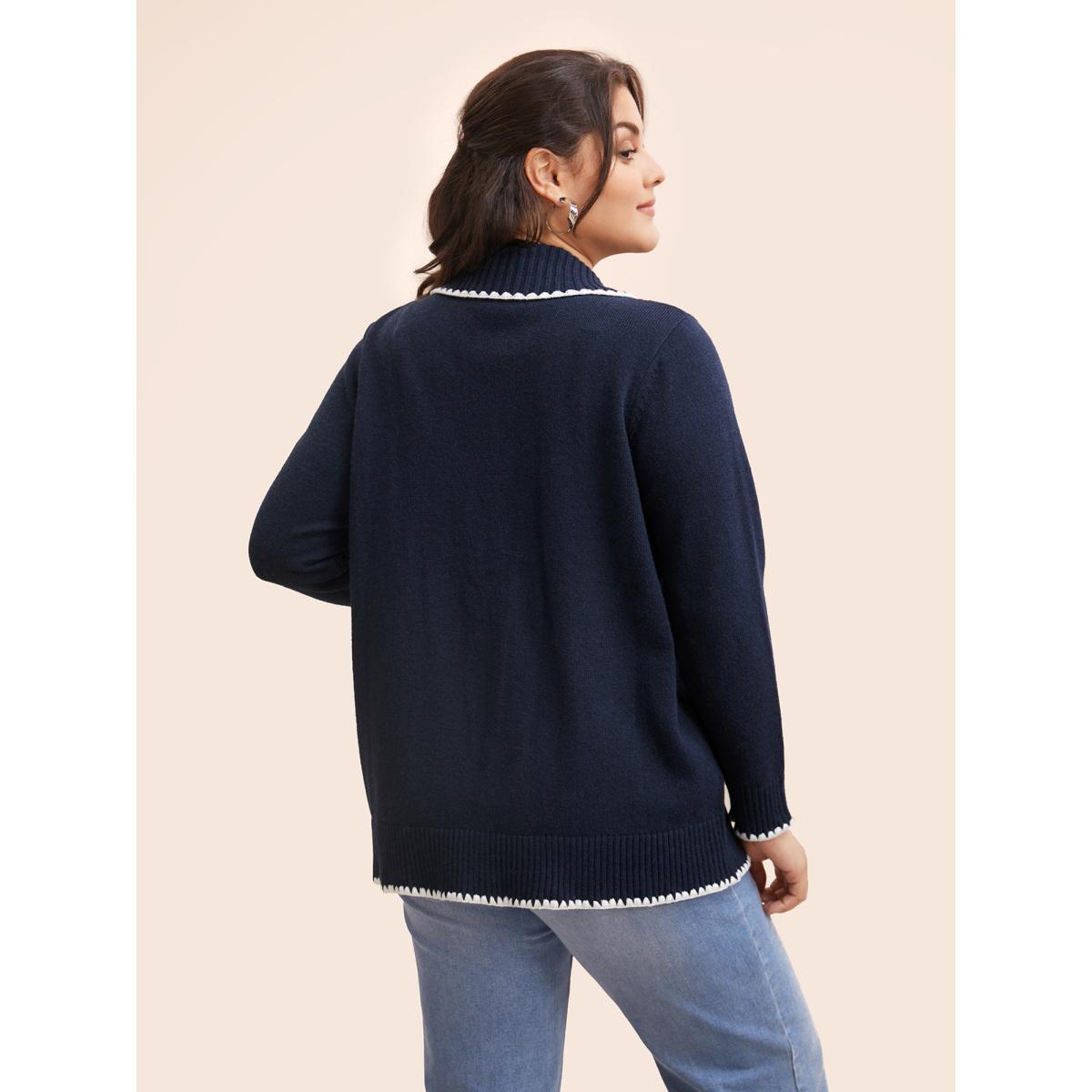 Plus Size Lapel Collar Contrast Trim Cardigan Indigo Women Casual Long Sleeve Everyday Cardigans BloomChic 10/M Product Image