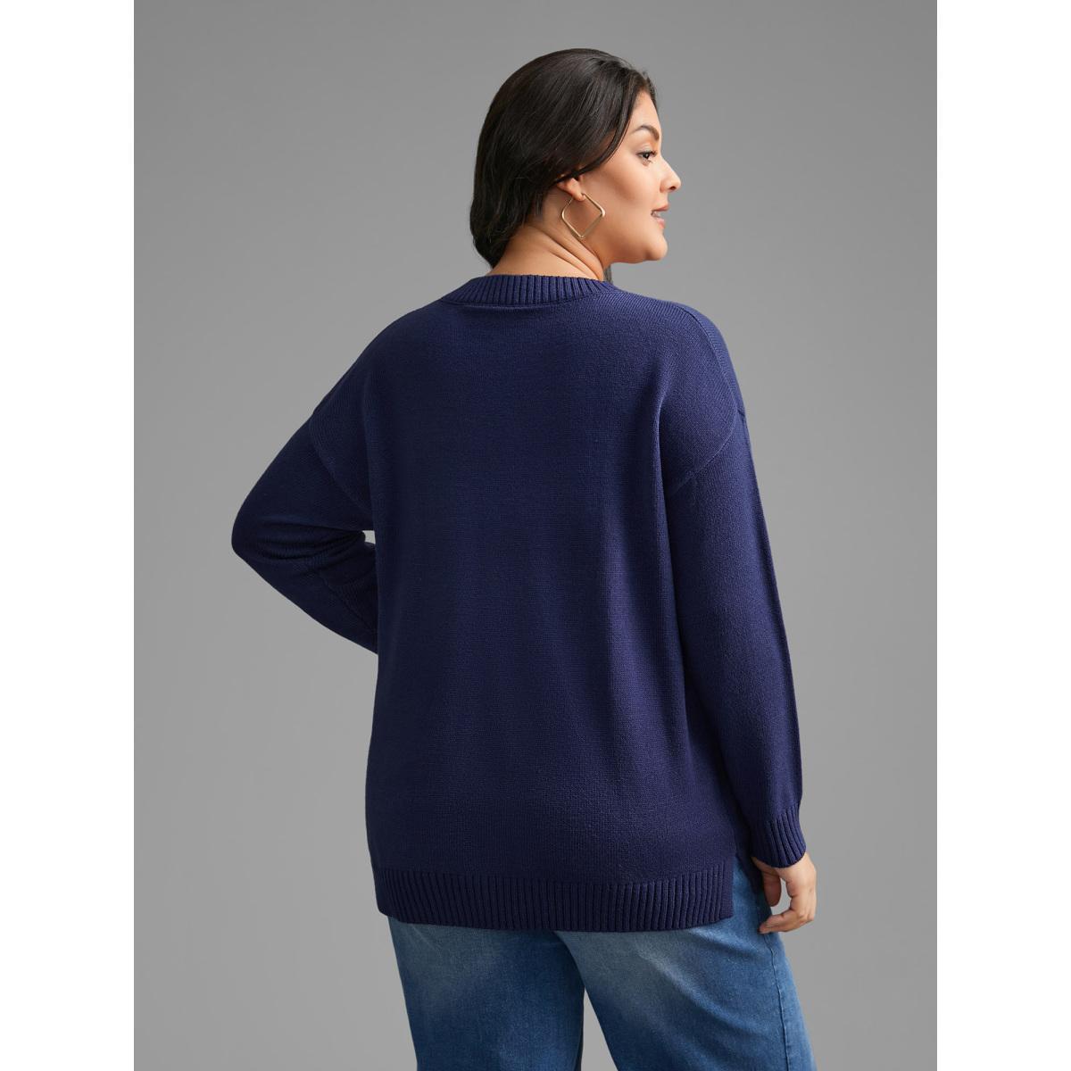 Plus Size Striped Jacquard Patched Pocket Pullover Indigo Women Casual Loose Long Sleeve V-neck Everyday Pullovers BloomChic 10/M Product Image