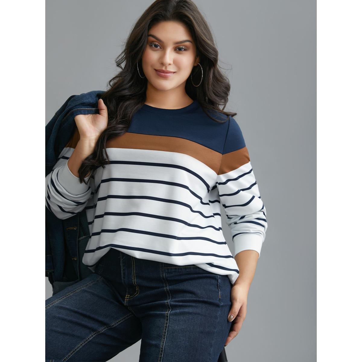 Plus Size Striped Contrast Round Neck Sweatshirt Women Midnight Casual Contrast Loose Round Neck Everyday Sweatshirts BloomChic 18-20/2X Product Image