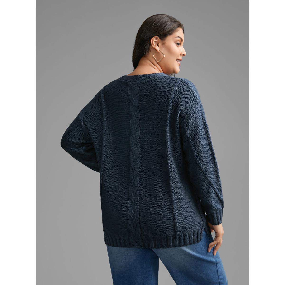 Plus Size V Neck Cable Knit Texture Pullover Midnight Women Casual Loose Long Sleeve V-neck Everyday Pullovers BloomChic 14-16/1X Product Image