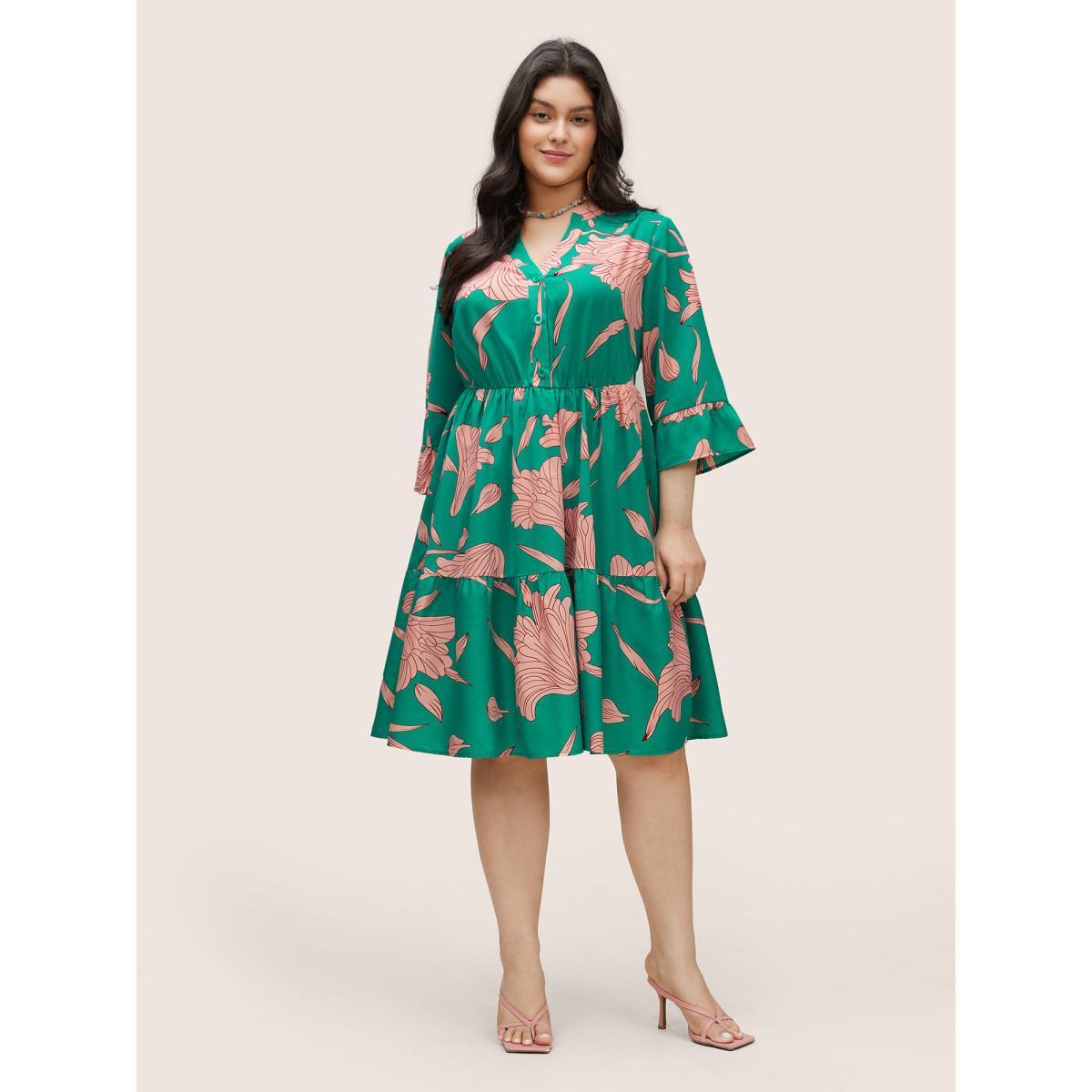 Plus Size Floral Notched Button Up Patchwork Ruffles Dress Green Women Elegant Non Notched collar Elbow-length sleeve Curvy Midi Dress BloomChic 22-24/3X Product Image