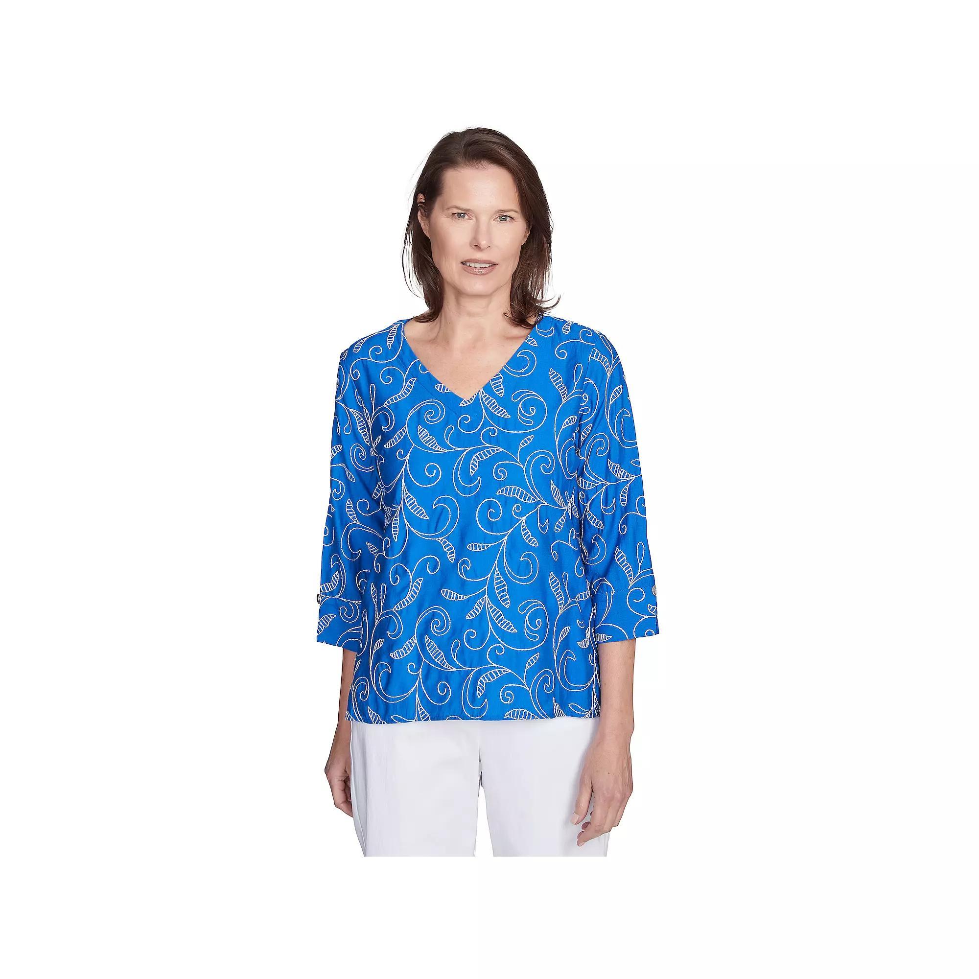 Petite Alfred Dunner Scroll Embroidered Cuff Sleeve Top, Women's, Size: Small Petite, Blue Product Image