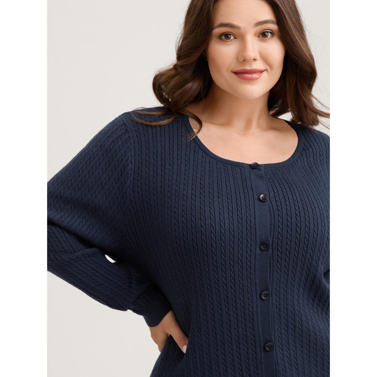 Plus Size Supersoft Cable Knit Button Solid Cardigan Midnight Women Loose Long Sleeve Everyday-Casual Cardigans BloomChic 14-16/1X Product Image