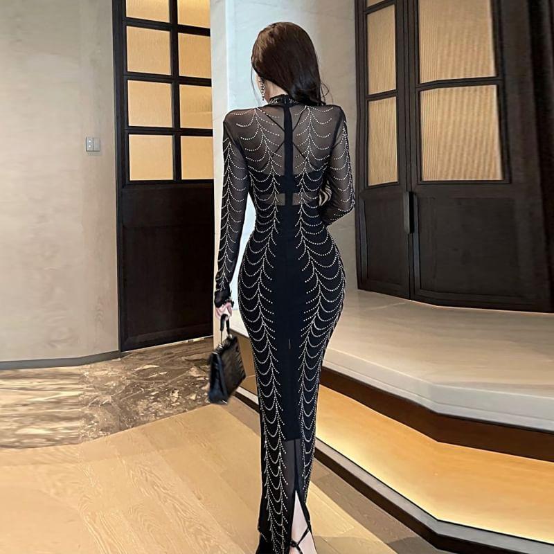 Long-Sleeve High Neck Rhinestone Midi Mesh Bodycon Dress Product Image