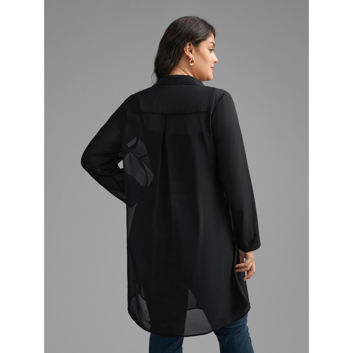 Plus Size Black Chiffon Mesh Pleated Tunic Blouse Women Elegant Long Sleeve Shirt collar Everyday Blouses BloomChic 28/5X Product Image