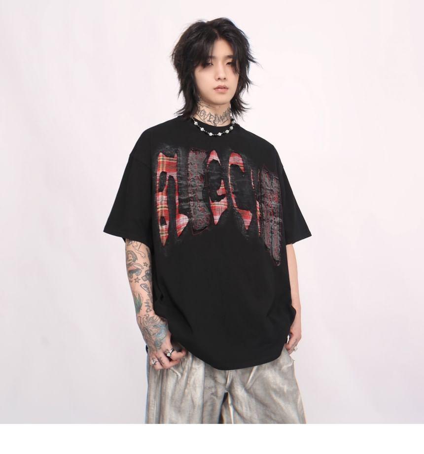 Short Sleeve Crew Neck Lettering Plaid Patchwork T-Shirt Product Image