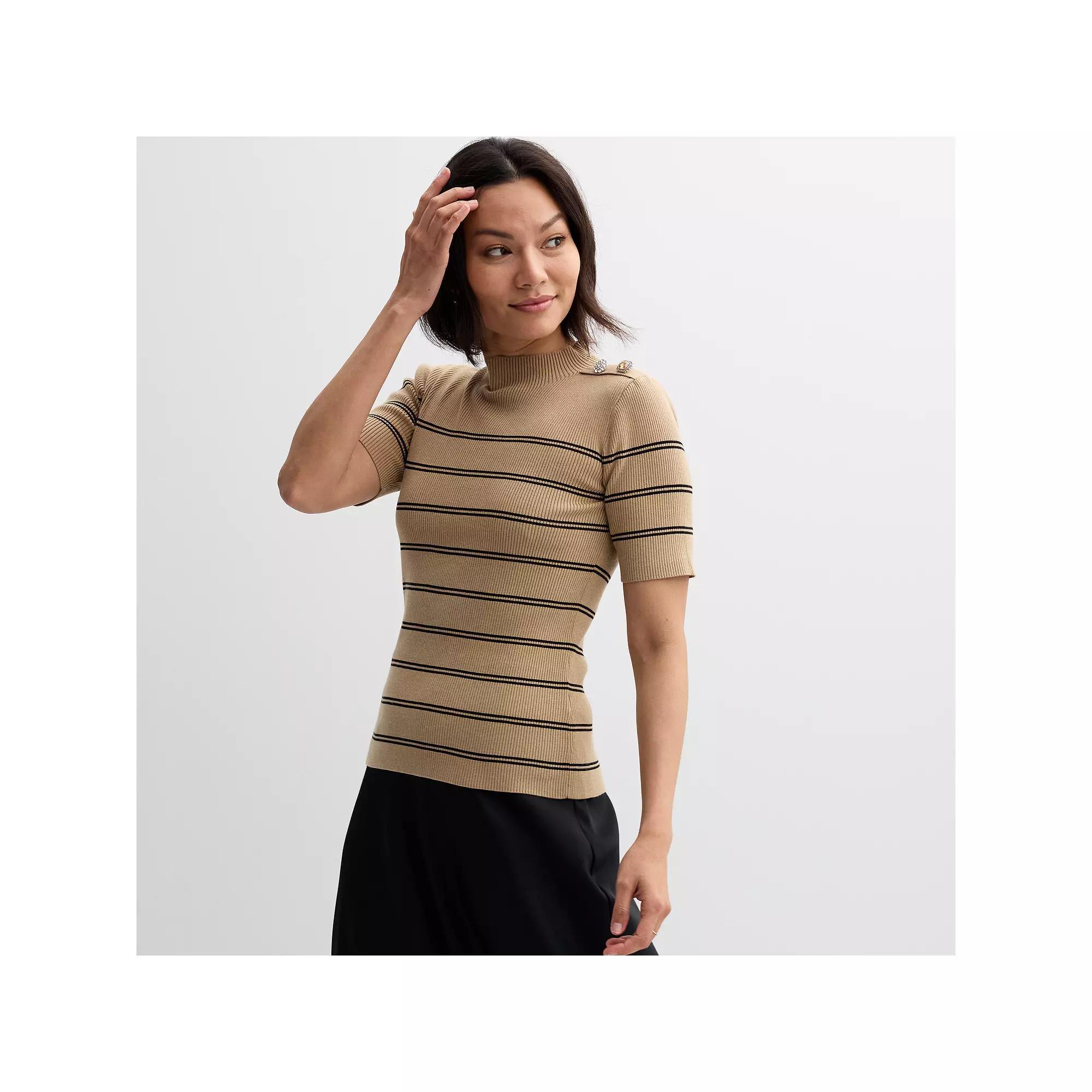 Women's Ellen Tracy Mockneck Elbow Sleeve Button Shoulder Rib Sweater, Size: XS, Camel Black Stripe Product Image