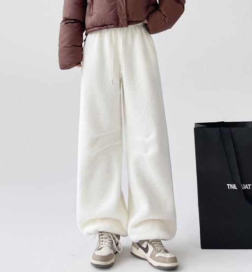 Drawstring Waist Fleece Plain Sweatpants Product Image