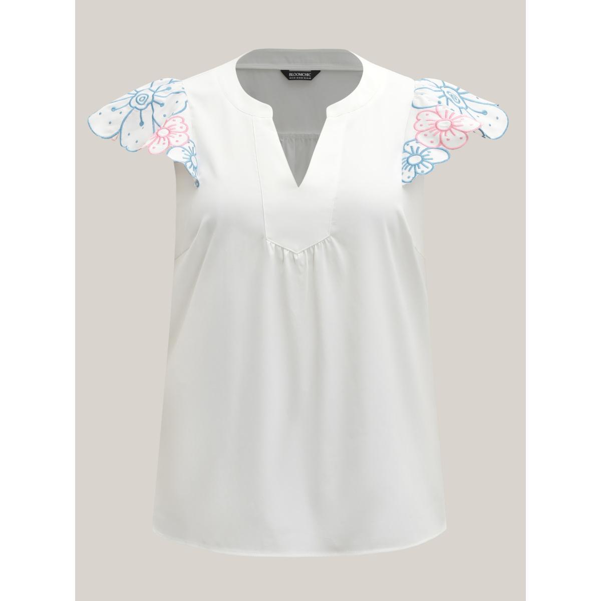 Plus Size Originalwhite Floral Lotus Leaf Sleeve Split Neck Blouse Women Cap Sleeve Notched collar Everyday-Casual Blouses BloomChic 10/M Product Image
