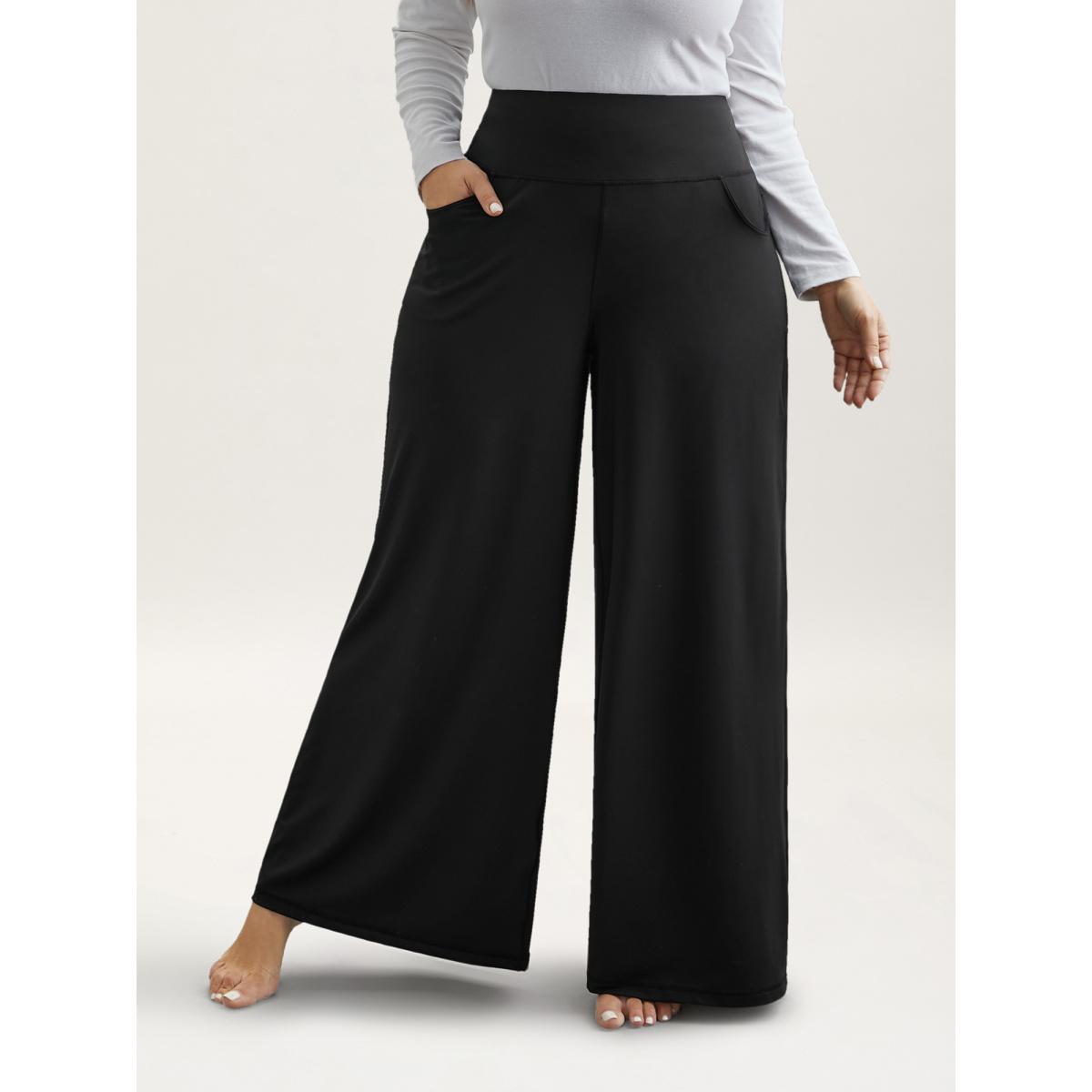 Plus Size Super Stretchy Wide-Leg Casual Pocket Pants Women Black Casual Mid Rise Everyday Pants BloomChic 22-24/3X Product Image