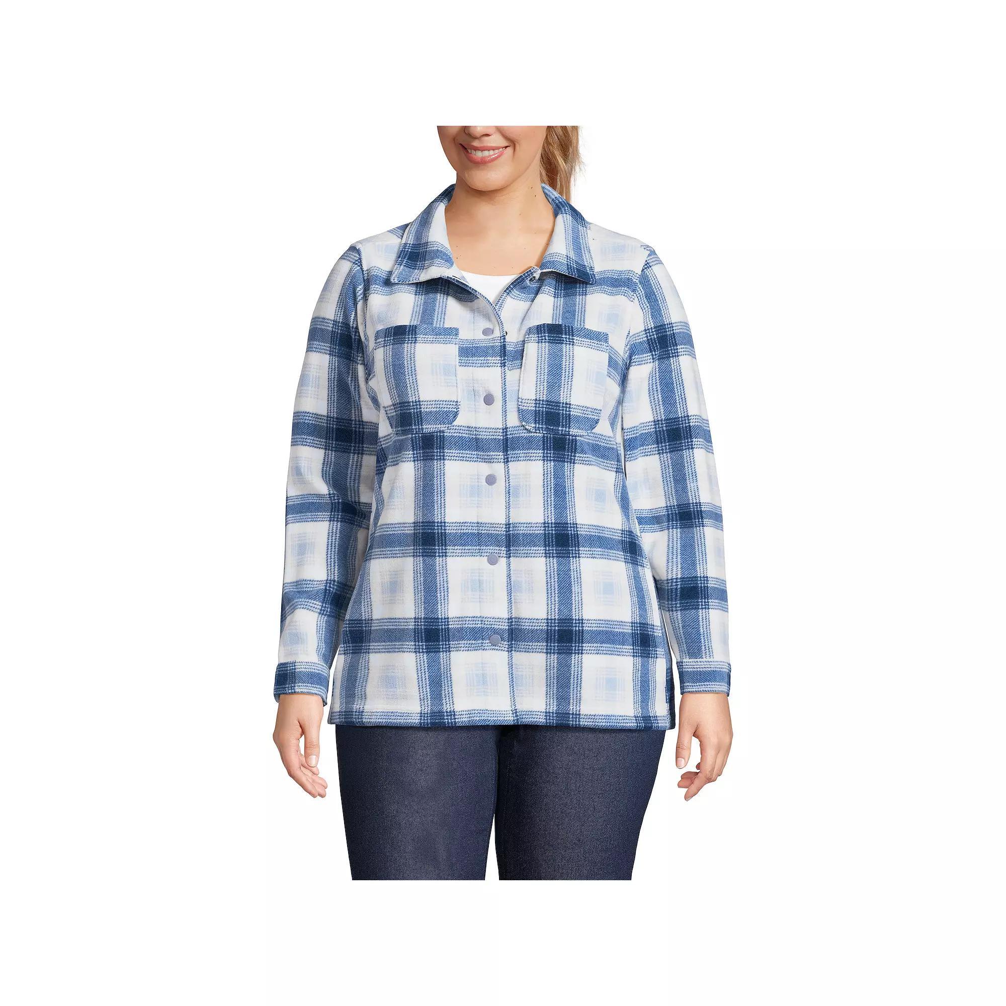 Plus Size Lands End T200 Fleece Shacket, Womens Blue Cornflower Plaid Product Image