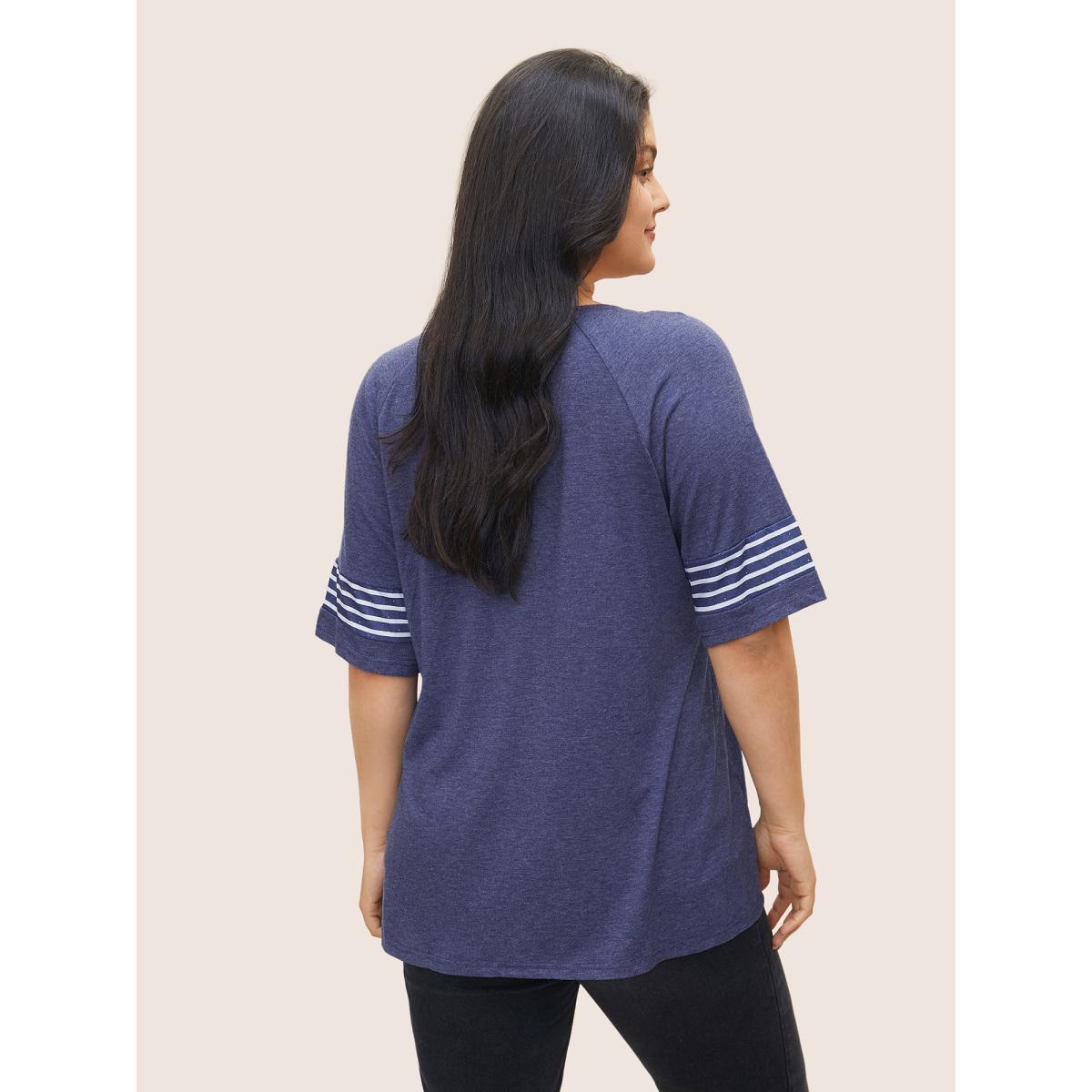 Plus Size Striped Contrast Raglan Sleeve Crew Neck T-shirt Indigo Women Casual Plain Everyday T-shirts BloomChic 30/6X Product Image