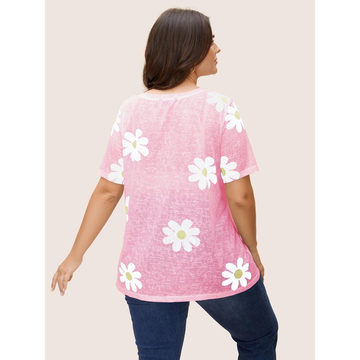 Plus Size Colored Floral V Neck See Through T-Shirt Blush Women Casual See through Art&design V-neck Everyday T-shirts BloomChic 22-24/3X Product Image