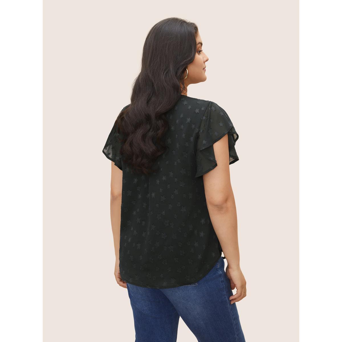 Plus Size Burgundy Star Mesh Gathered Ruffle Sleeve Blouse Women Elegant Cap Sleeve V-neck Everyday Blouses BloomChic 18-20/2X Product Image
