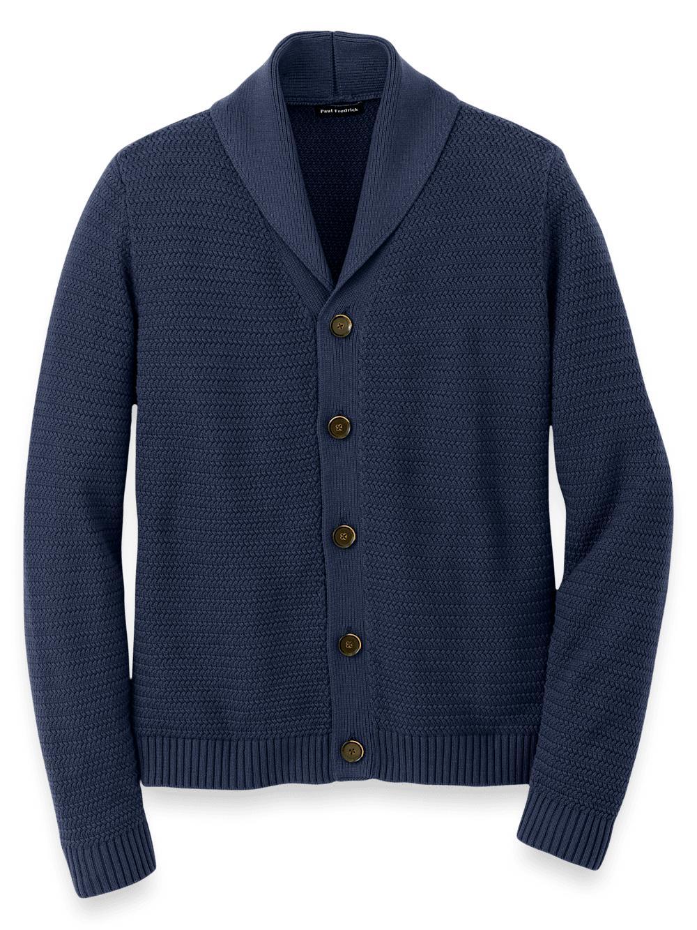 Cotton Button Front Shawl Collar Cardigan Sweater - Navy Product Image