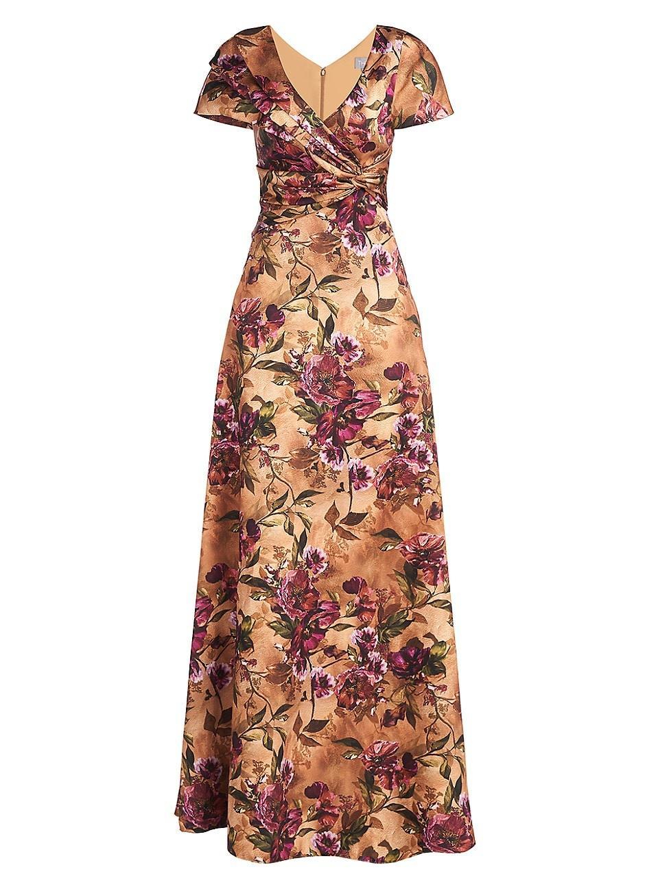 Womens Nina Twisted & Draped Floral Satin A-Line Gown Product Image