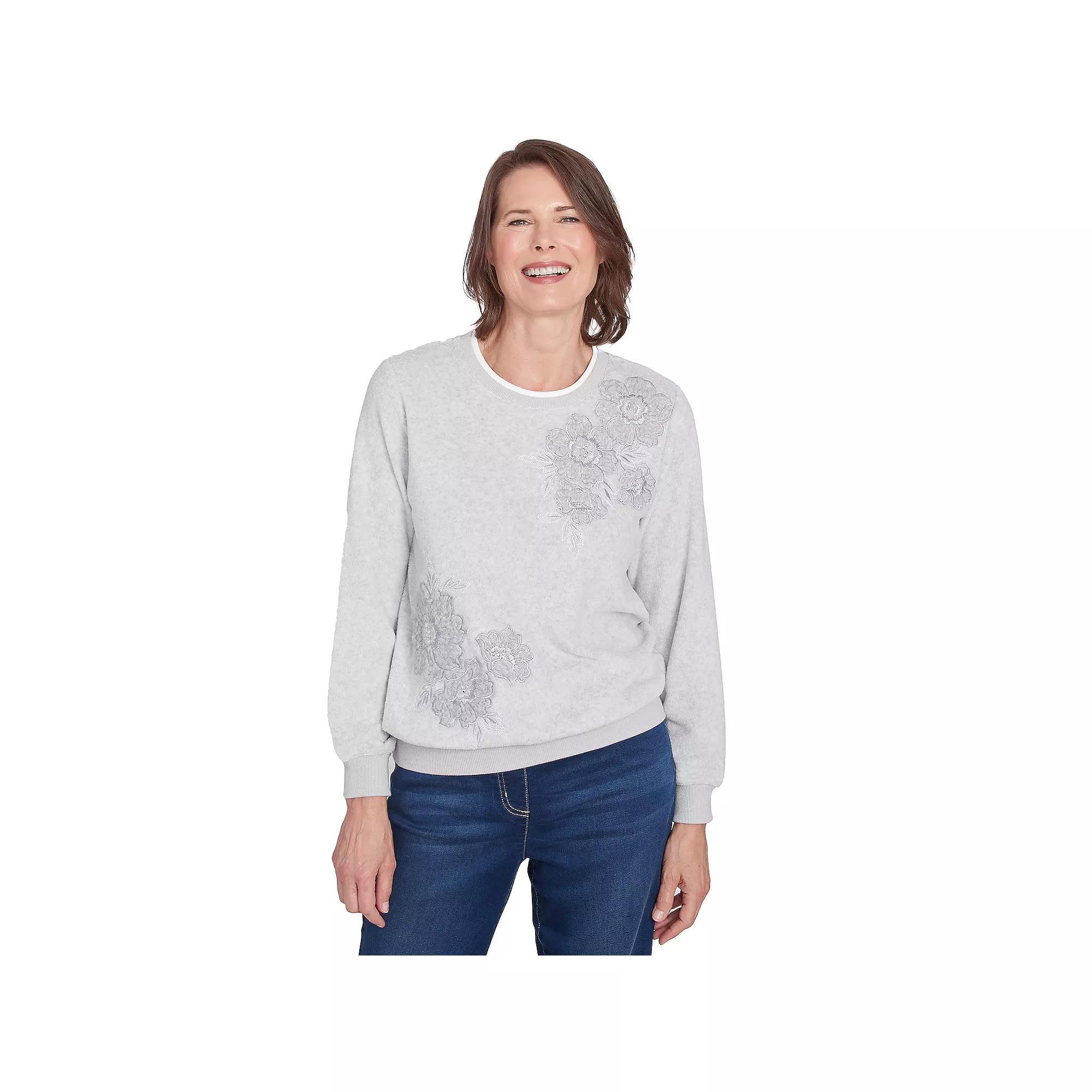 Petite Alfred Dunner Classic Sherpa Floral Embroidered Sweater, Women's, Size: XL Petite, Ivory Product Image