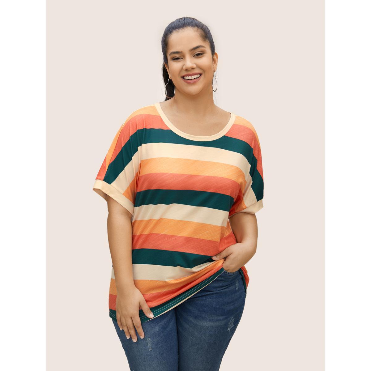 Plus Size Colored Striped Crew Neck Batwing Sleeve T-shirt Multicolor Women Casual Contrast Round Neck Everyday T-shirts BloomChic 26/4X Product Image