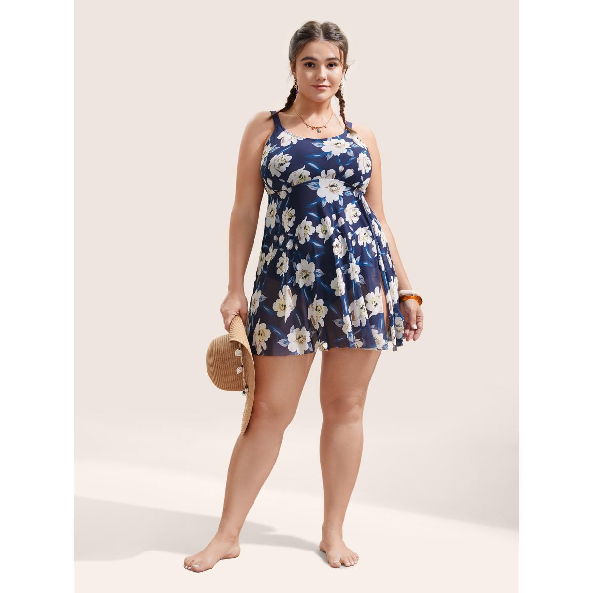 Plus Size Floral Adjustable Straps Split Hem Swim Dress Women's Swimwear Indigo Beach Bodycon U-neck High stretch Curve Swim Dresses BloomChic 30/6X Product Image