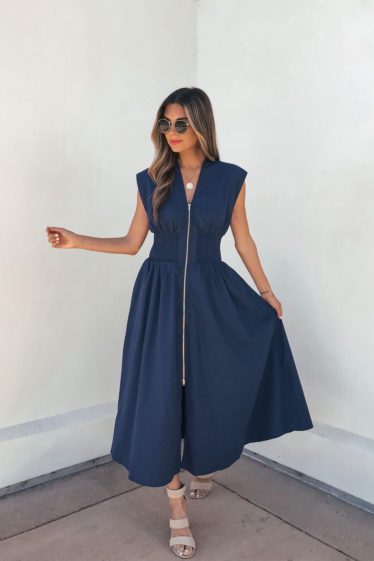 Solid Zip Up Front Midi Dress - Navy Female Product Image
