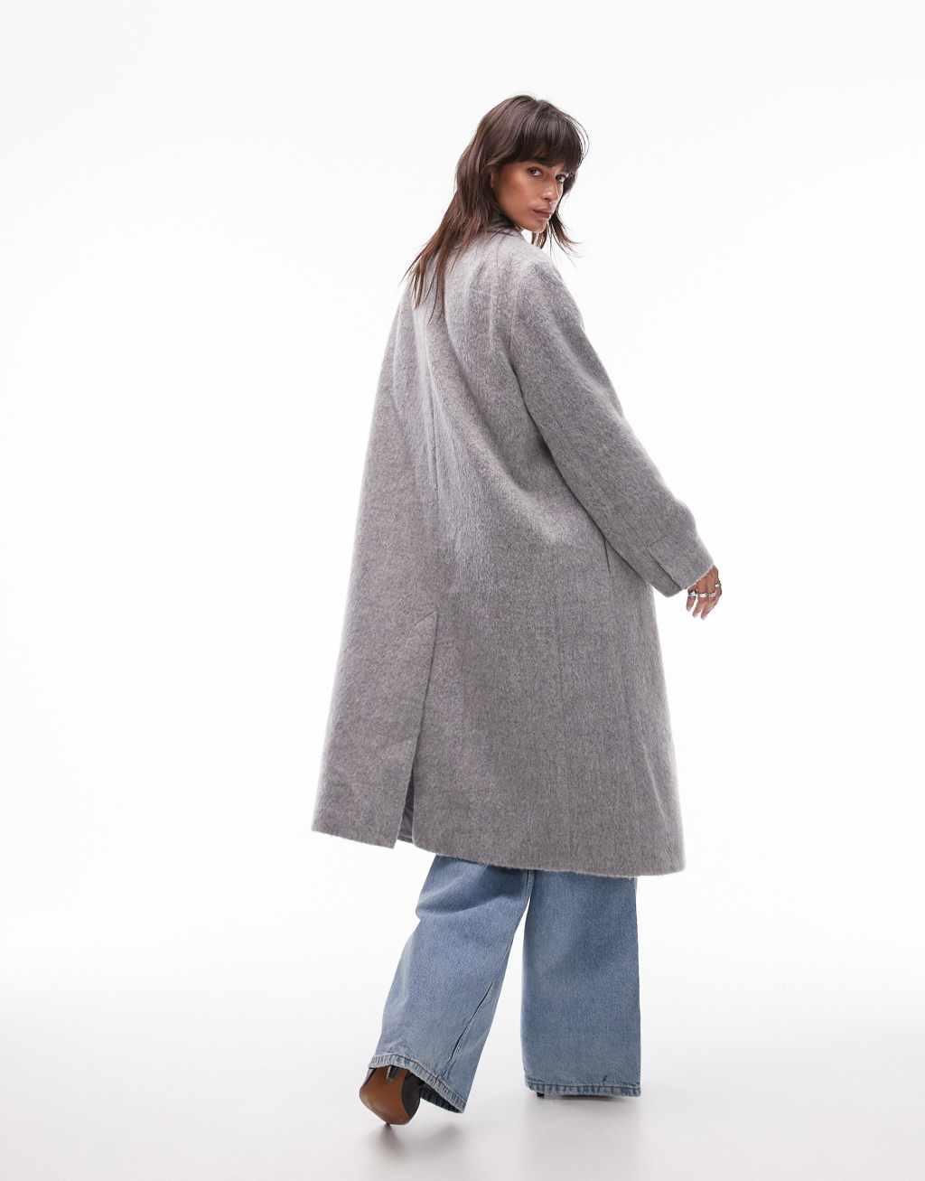 Topshop double breasted brushed coat in gray Product Image