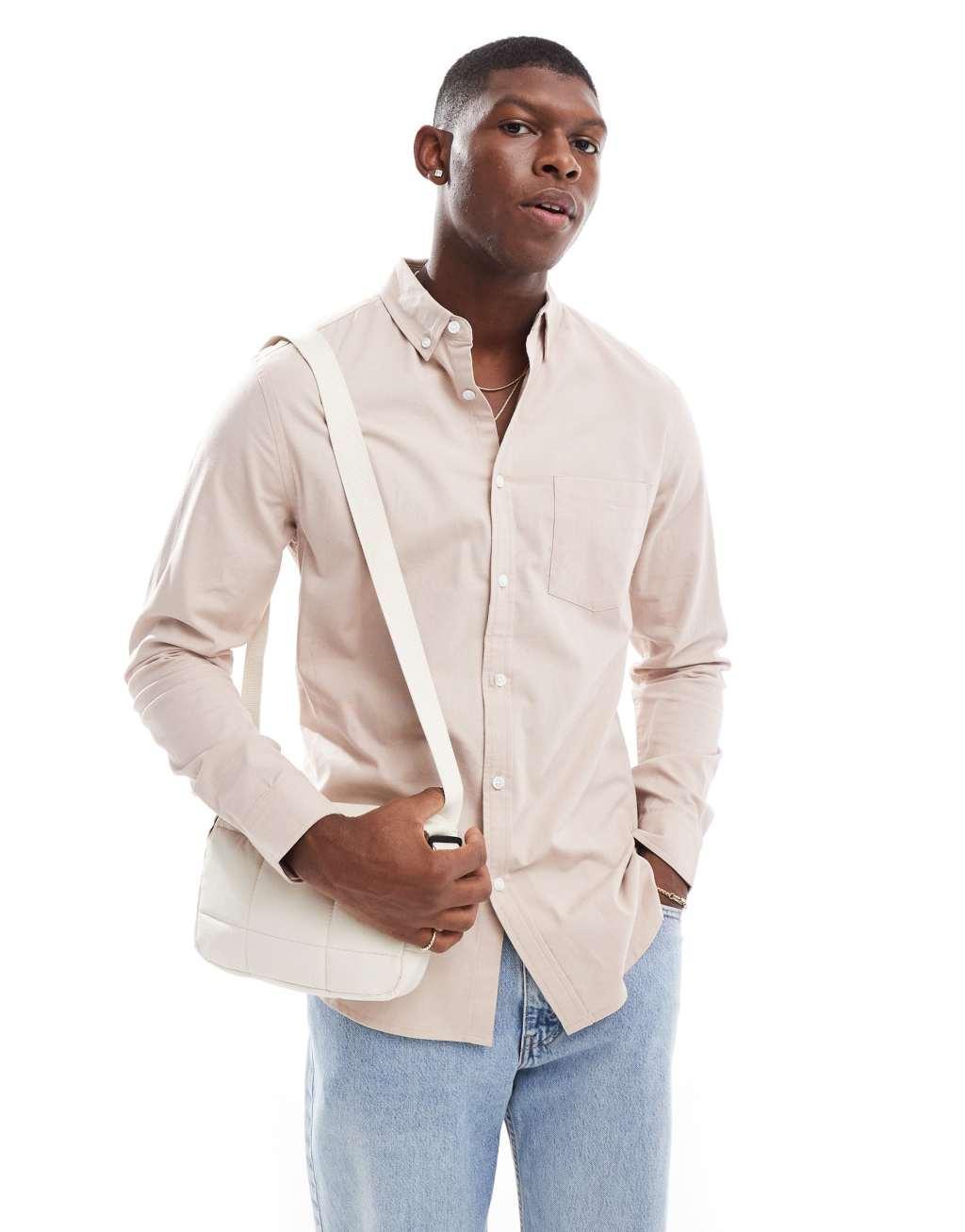 ASOS DESIGN slim stretch oxford shirt in stone Product Image