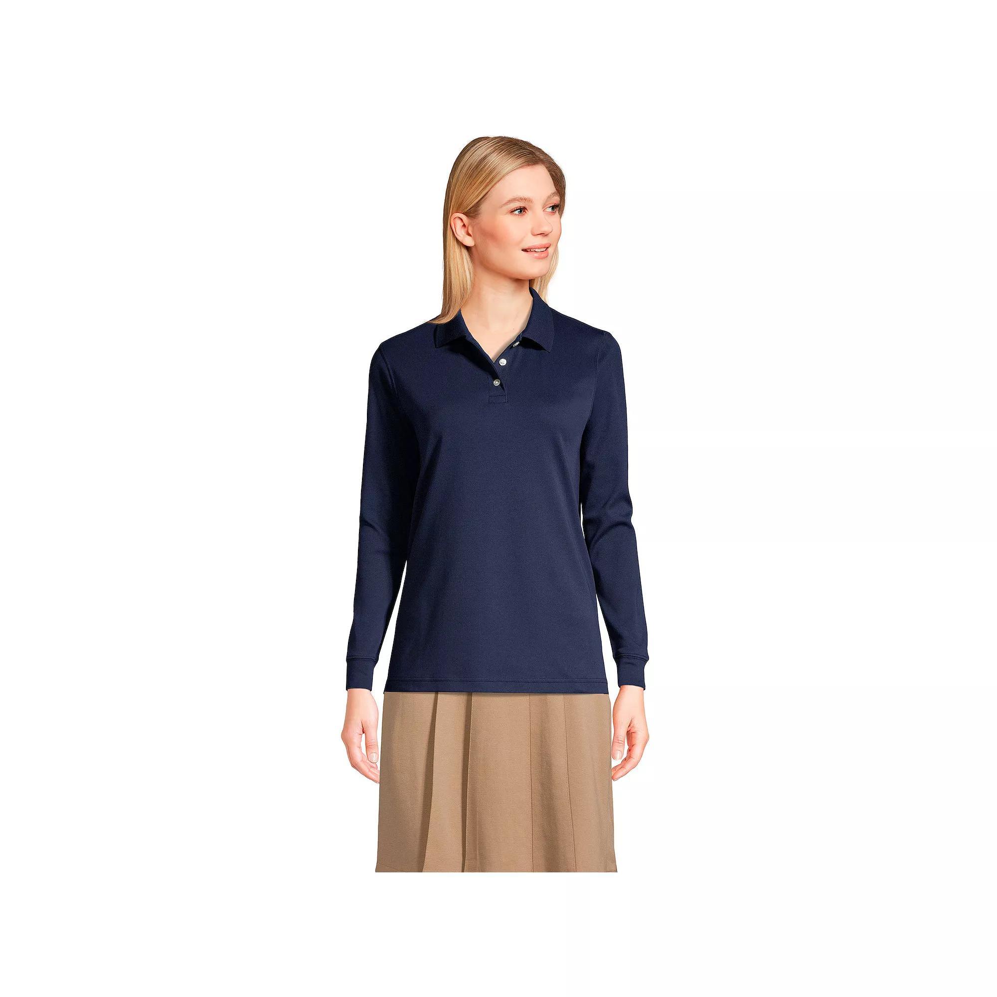 Womens Lands End School Uniform Long Sleeve 3-Button Interlock Polo Shirt Red Product Image