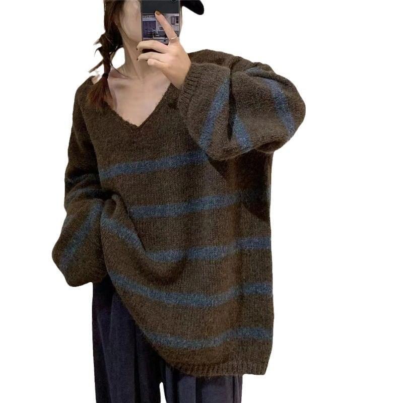 V-Neck Striped Sweater Product Image