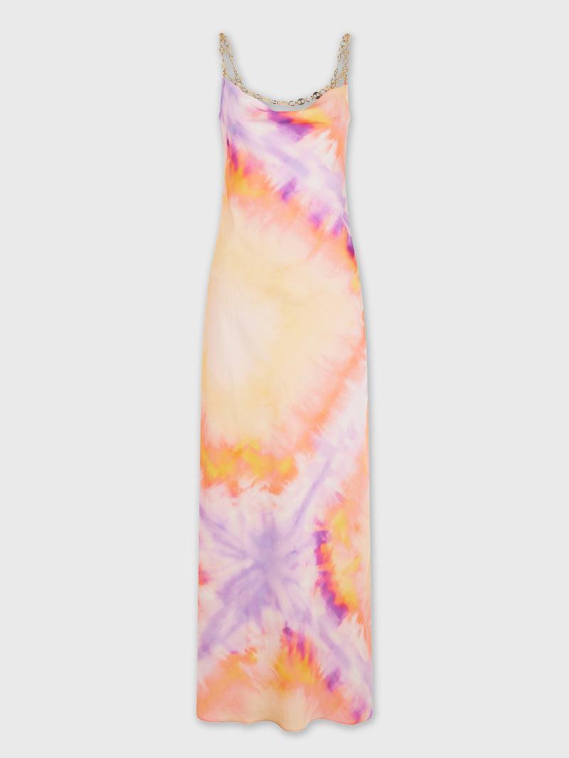 ORANGE TIE-DYE LONG DRESS IN PRINTED SATIN Product Image