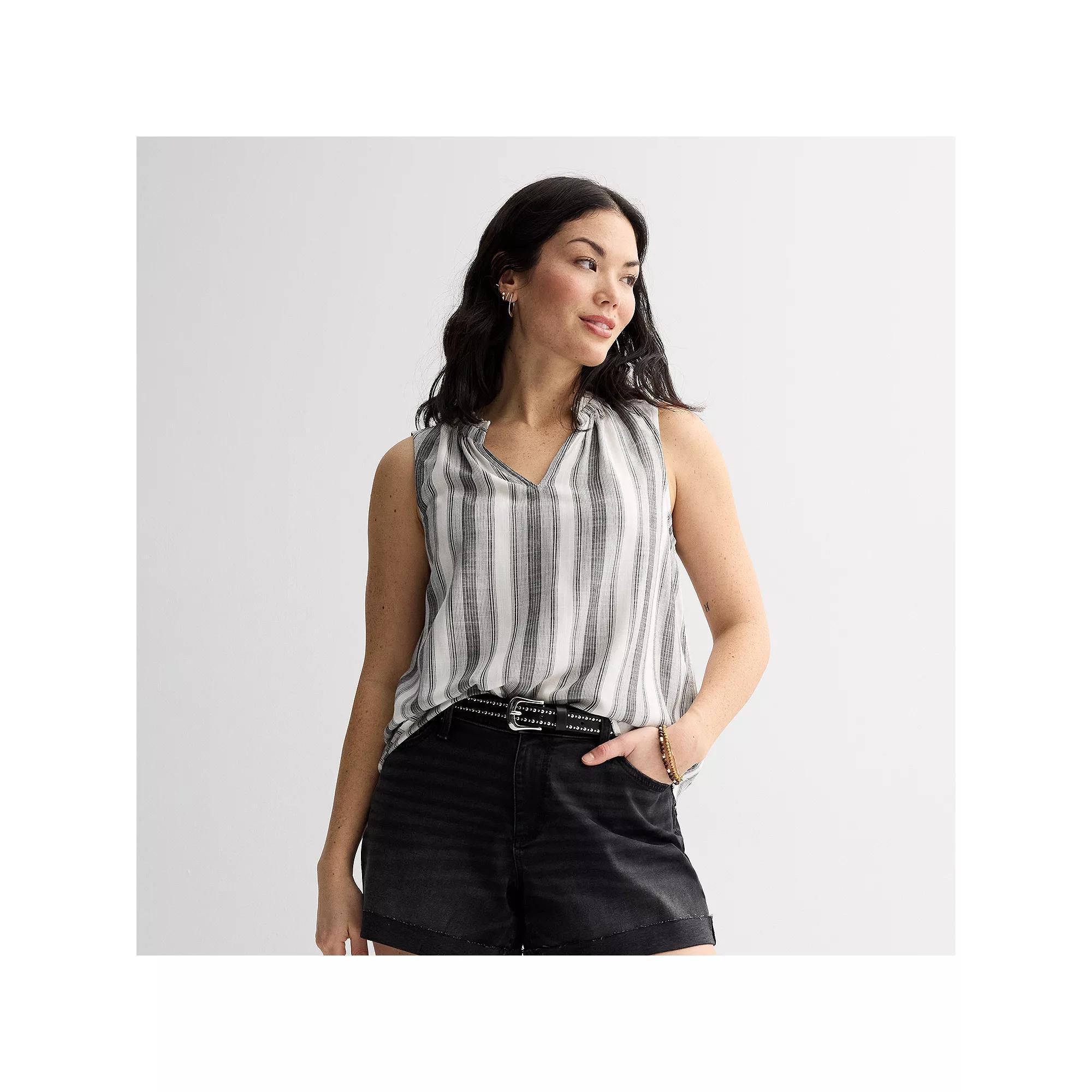 Women's Sonoma Goods For Life® Ruffle Collar Tank Top, Size: XS, Black Beige Stripe Product Image