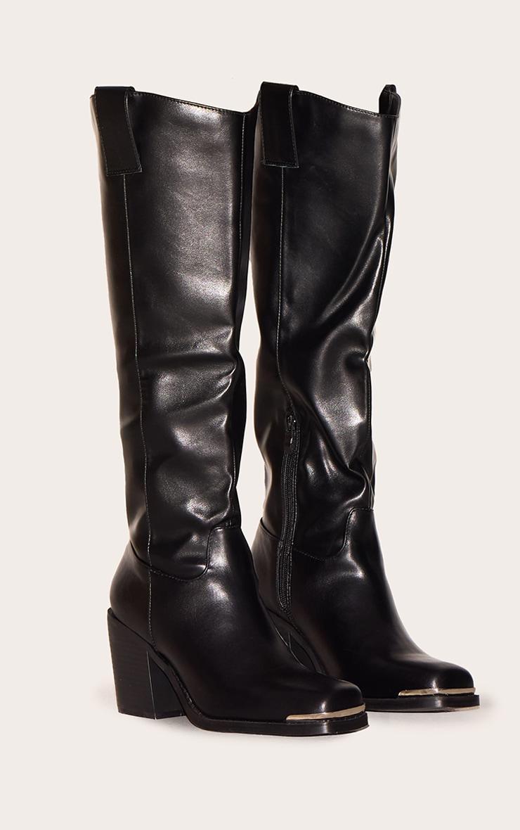 Black PU Square Toe Knee High Block Heeled Western Boots Product Image