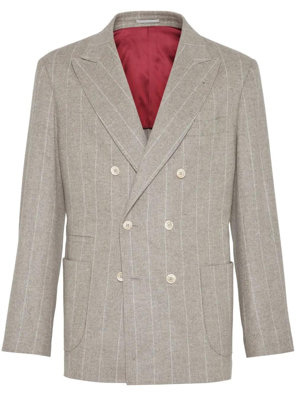 BRUNELLO CUCINELLI Wool And Cashmere Wide Chalk Stripe Combed Flannel One-and-a-half Breasted Decons In Stone Grey Product Image