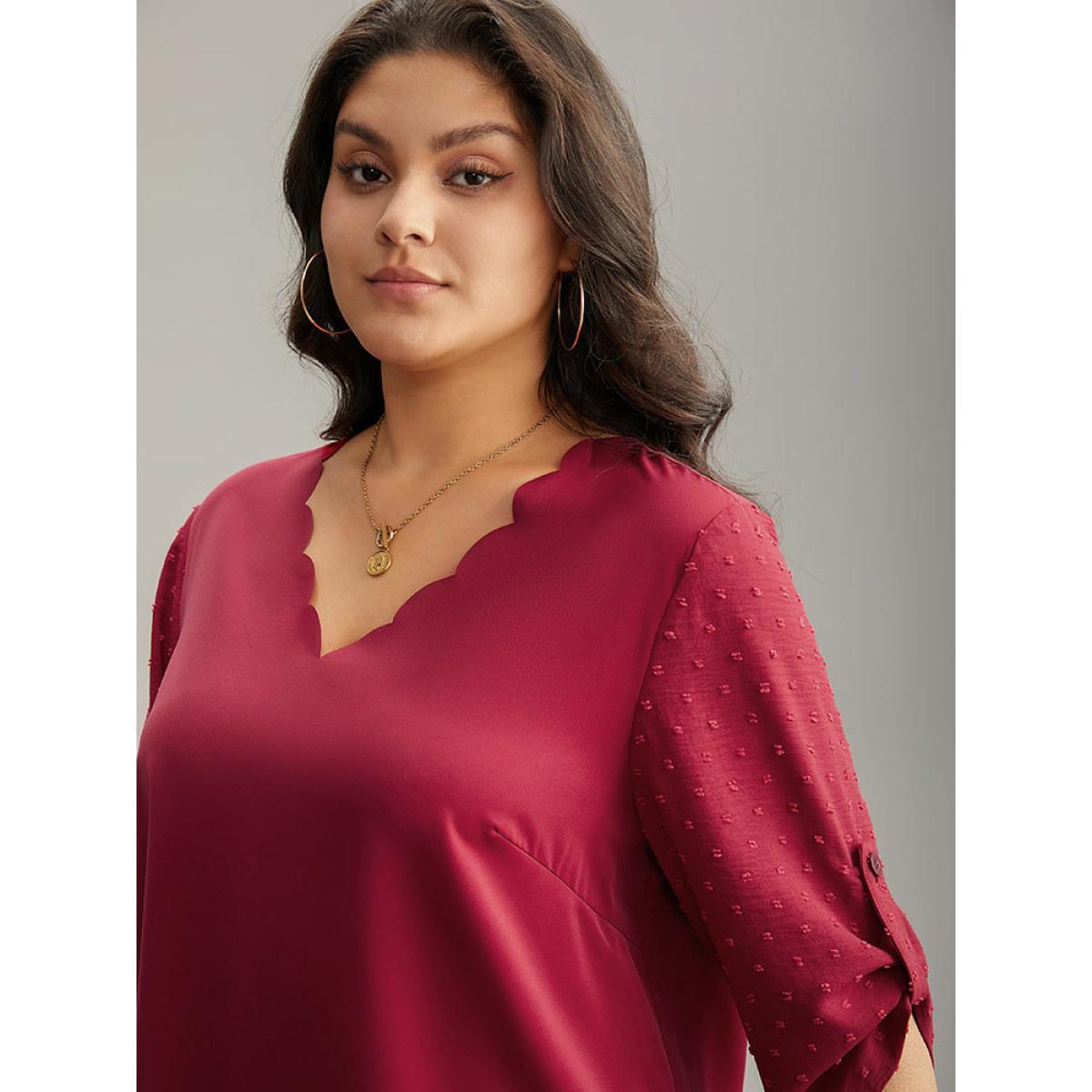 Plus Size Scarlet Plain V Neck Tab Sleeve Scalloped Trim Blouse Women Office Elbow-length sleeve V-neck Work Blouses BloomChic 28/5X Product Image