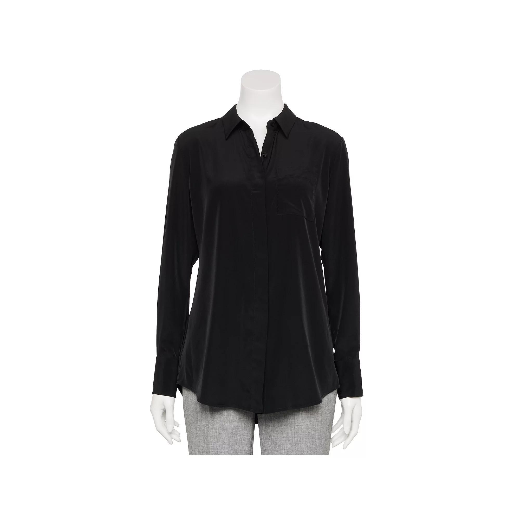 Women's Nine West Adaptive Drapey Satin Magnetic Closure Long Sleeve Shirt, Size: Small, Mineral Black Product Image