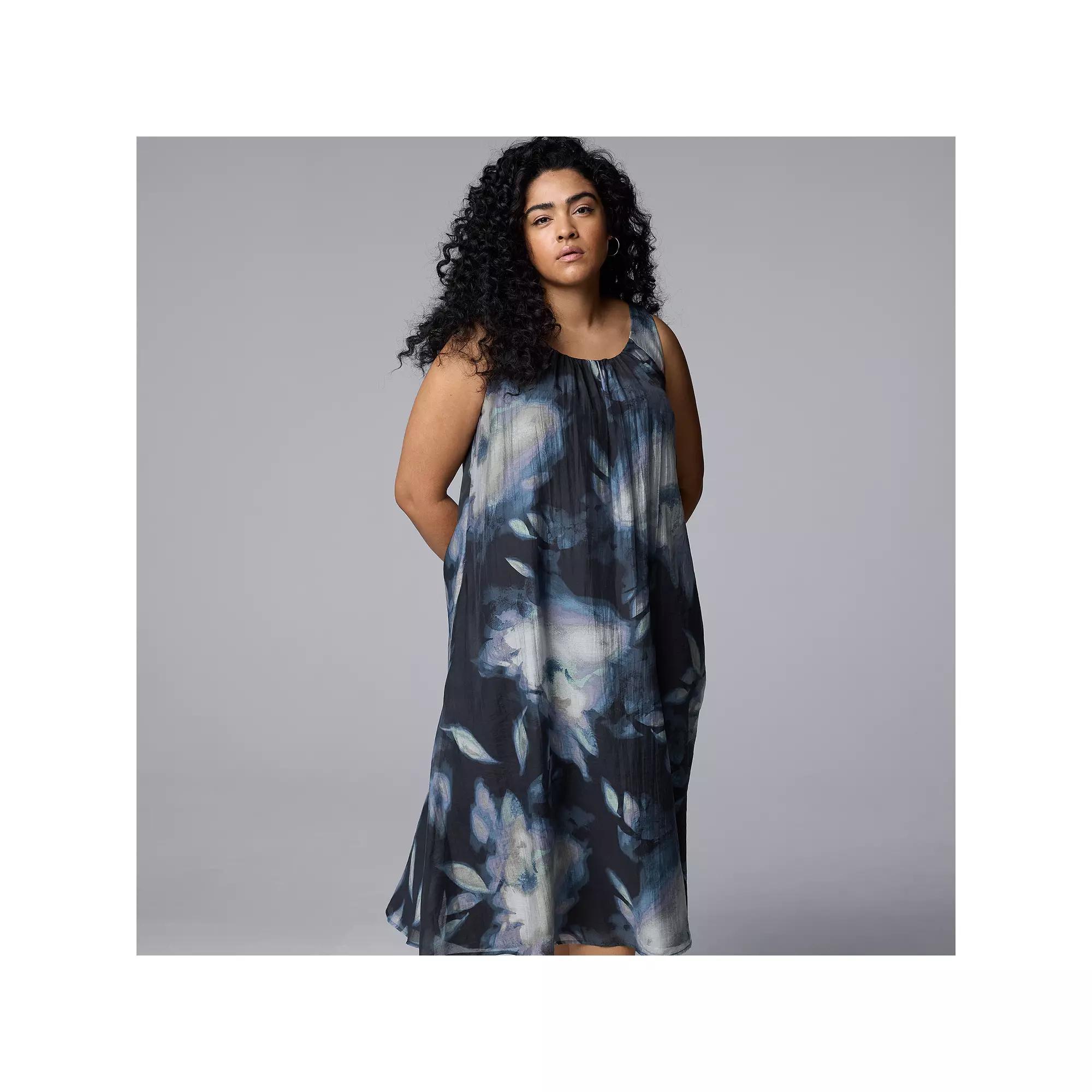 Plus Size Simply Vera Vera Wang Shirred Neck Maxi Dress, Women's, Size: 0X, Blue Lrg Floral Product Image