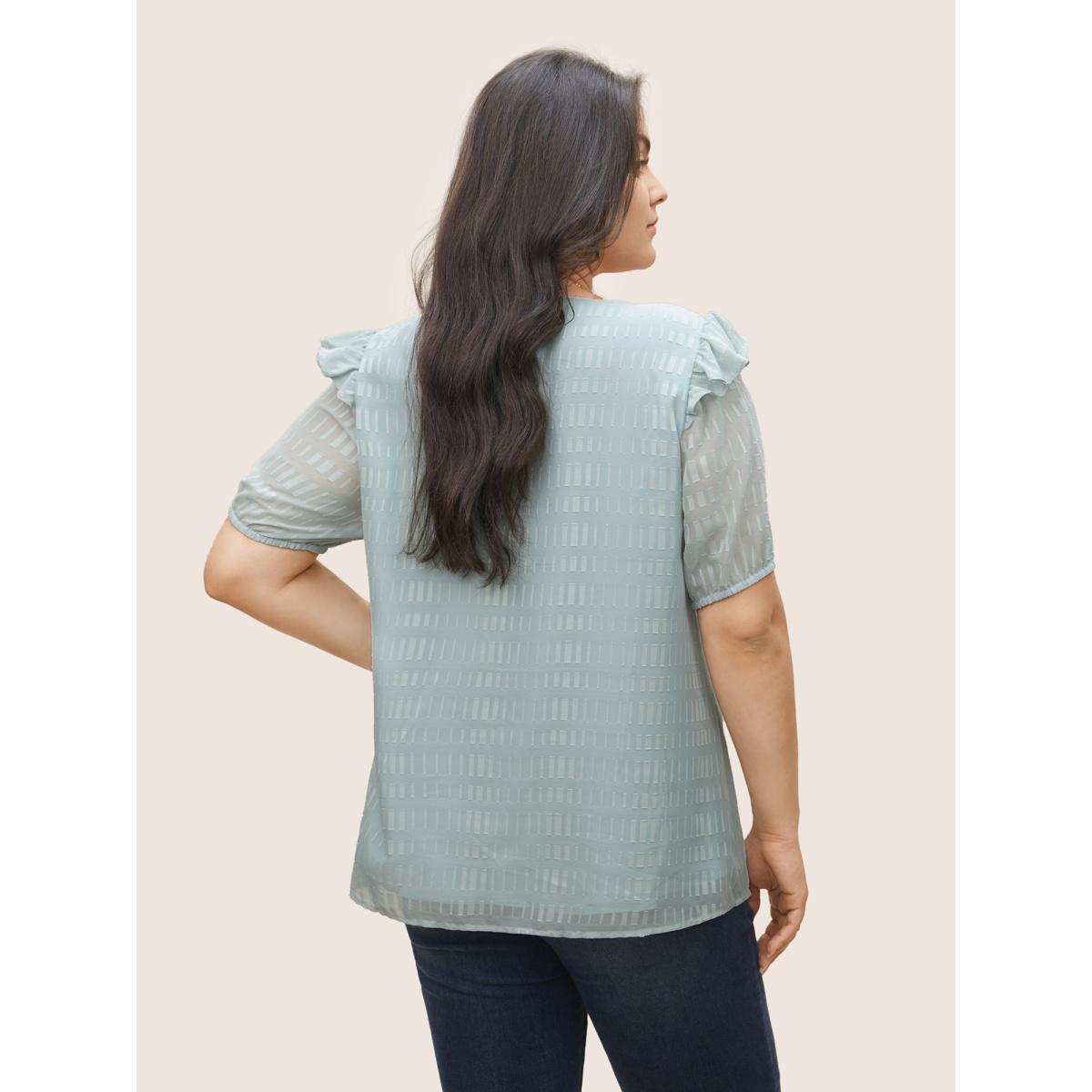 Plus Size LightBlue Solid Textured Gathered Ruffles Button Detail Blouse Women Elegant Short sleeve V-neck Everyday Blouses BloomChic 12/L Product Image