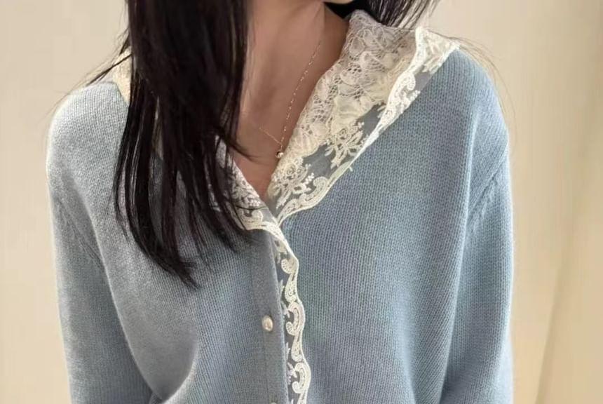 Lace Panel Hooded Button-Up Crop Cardigan Product Image