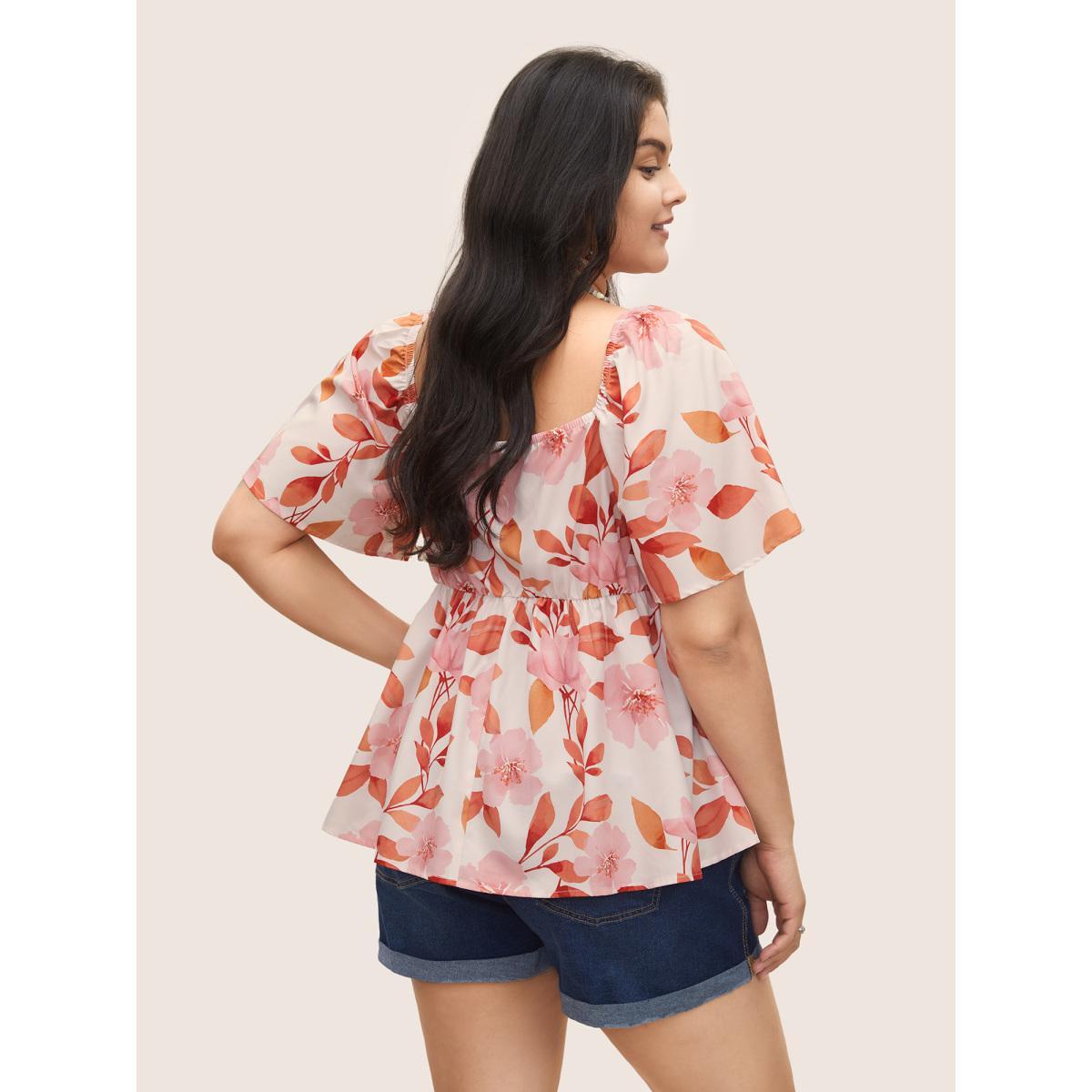 Plus Size Apricot Floral Ruffle Sleeve Elastic Waist Blouse Women Resort Short sleeve Square Neck Vacation Blouses BloomChic 12/L Product Image