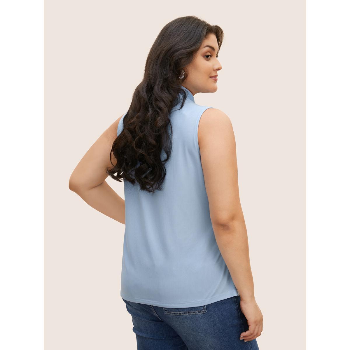 Plus Size Overlap Collar Solid Pleated Tank Top Women LightBlue Elegant Pleated Overlap Collar Everyday Tank Tops Camis BloomChic 18-20/2X Product Image