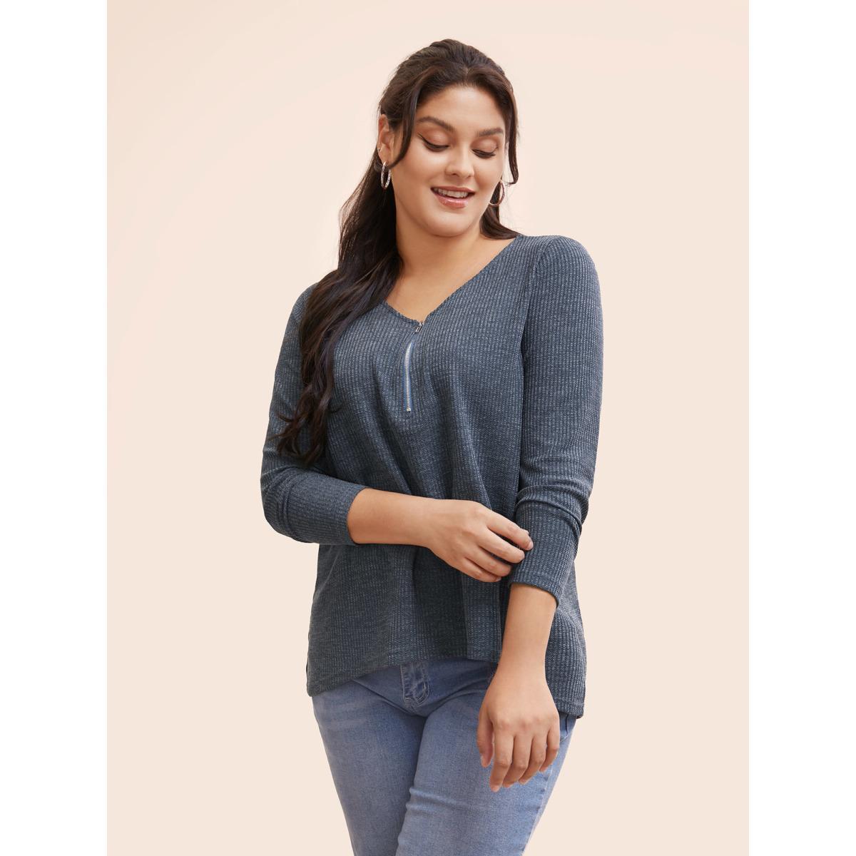 Plus Size Rib Knit Half Zip High Low Hem T-shirt Navy Women Casual Texture V-neck Everyday T-shirts BloomChic 18-20/2X Product Image