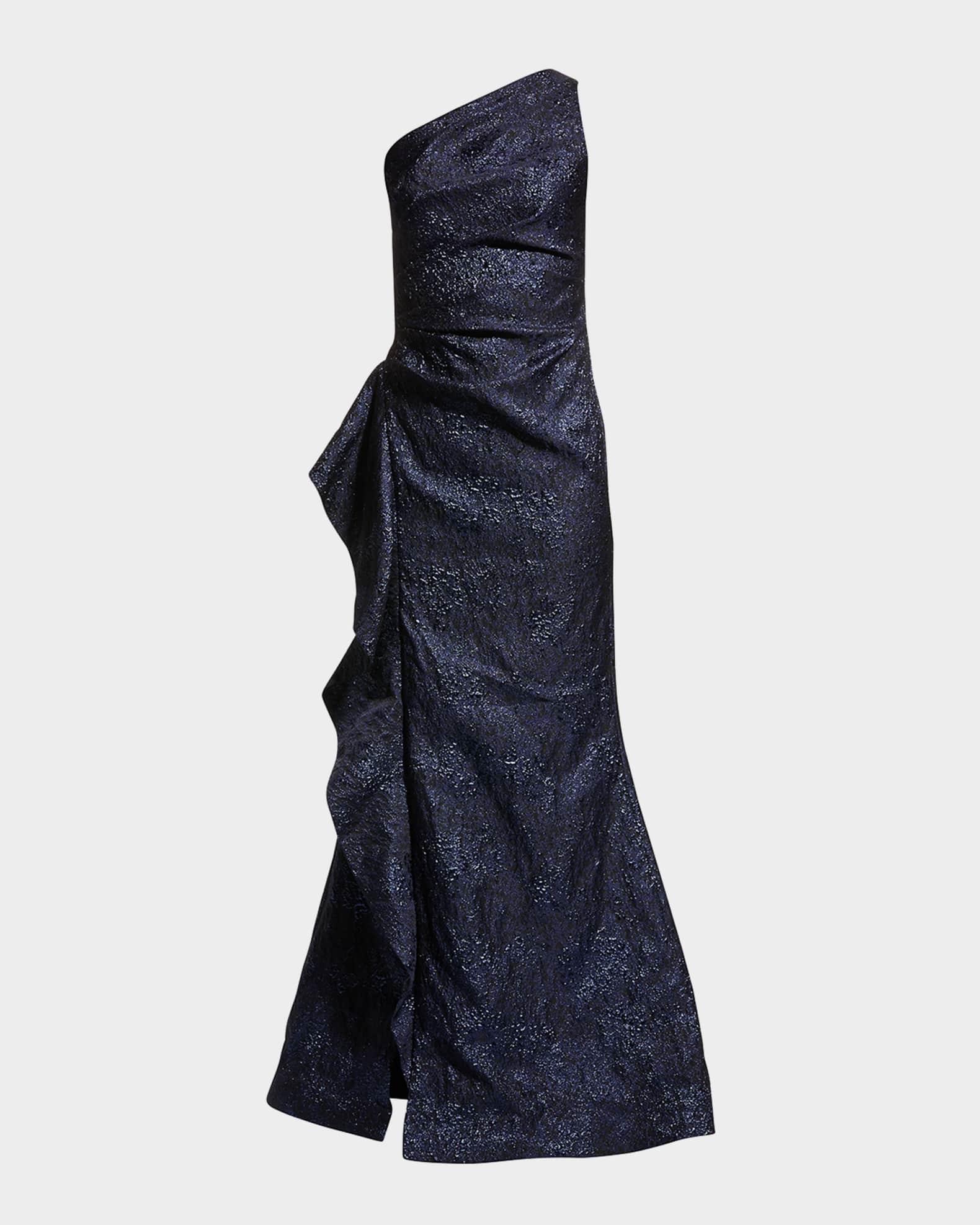 One-Shoulder Jacquard Side-Ruffle Gown Product Image
