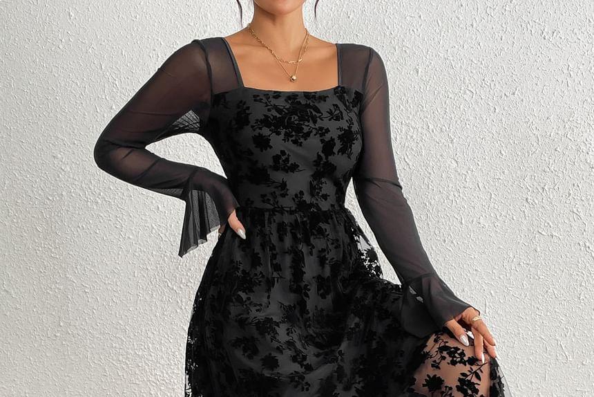 Long Sleeve Square Neck Floral Lace A-Line Maxi Dress Product Image
