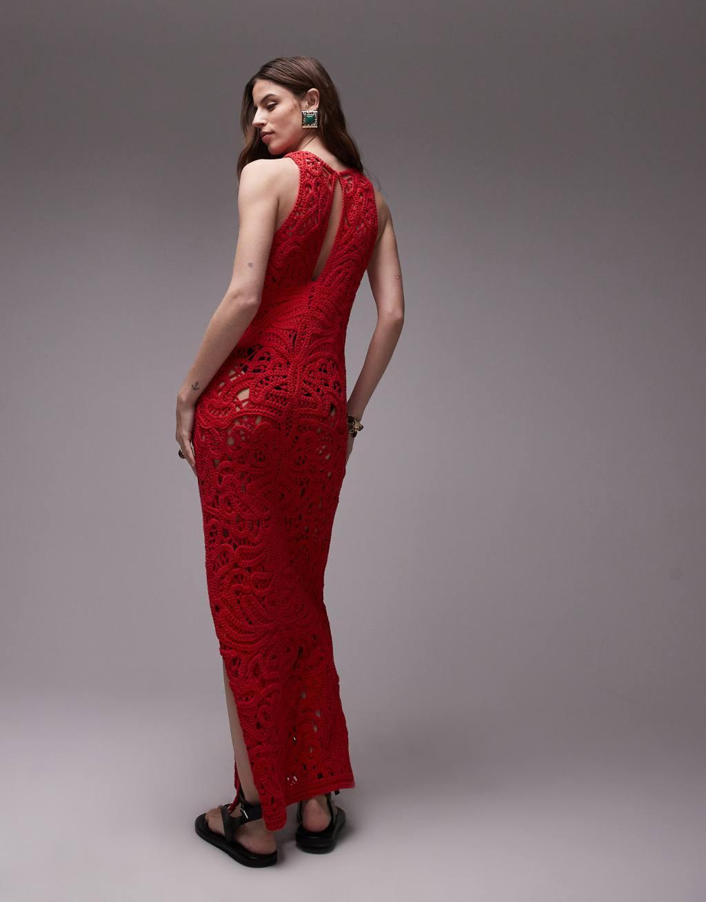 Topshop knit premium crochet maxi dress in red Product Image