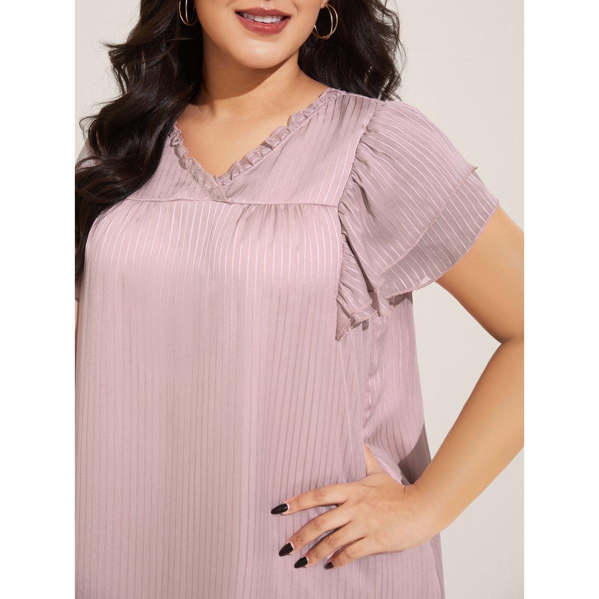 Plus Size Sheer Textured Layered Ruffled Sleeve Midi Dress Nudepink Women V-neck Cap Sleeve Curvy BloomChic 10/M Product Image