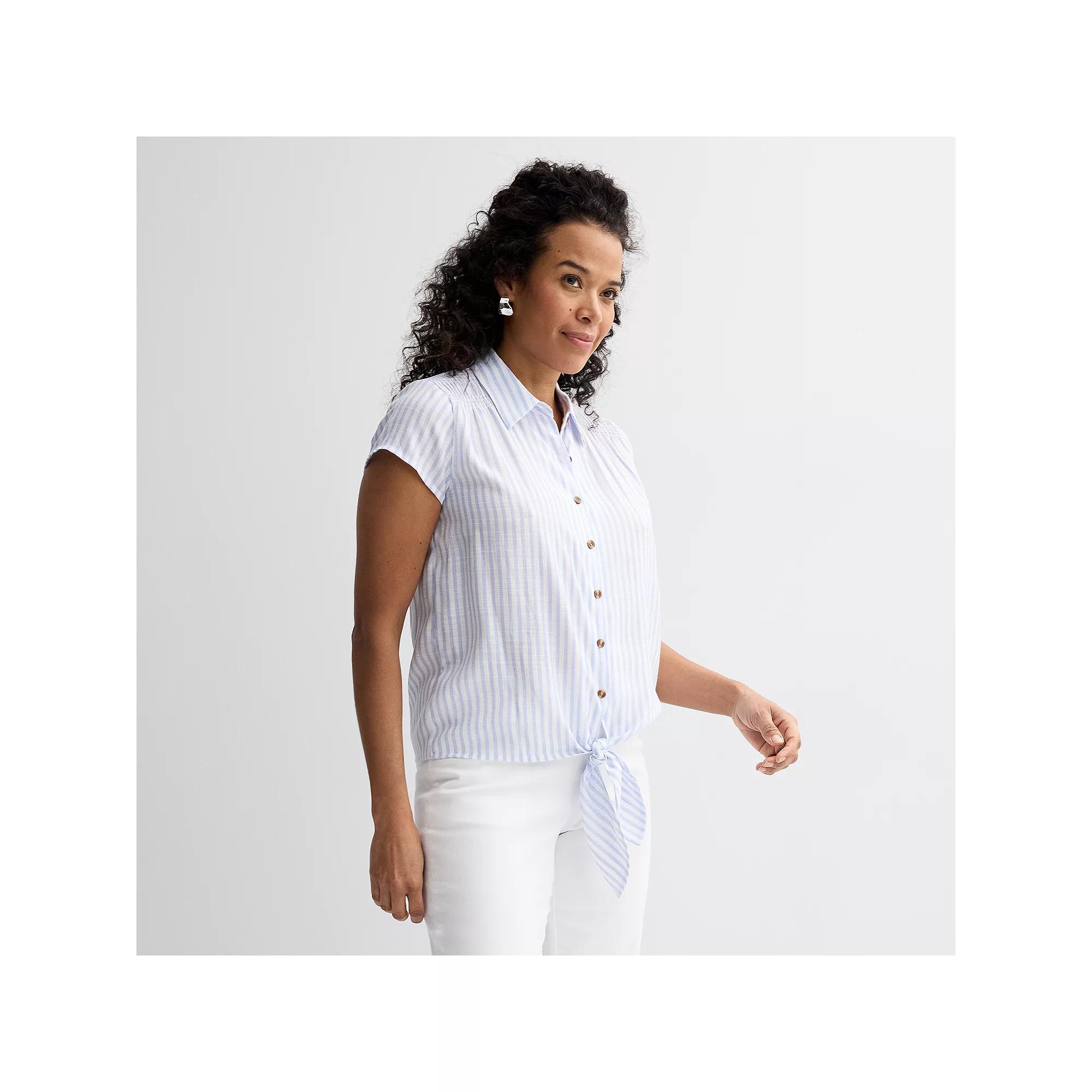 Women's Croft & Barrow® Tie-Front Shirt, Size: Small, Blue White Stripe Product Image