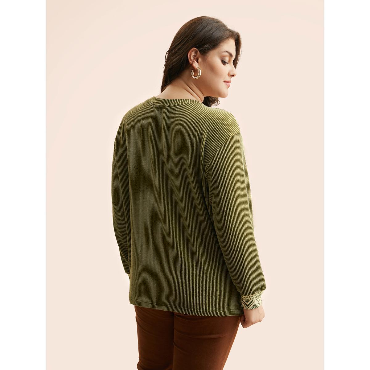 Plus Size Bandana Patchwork Button Up T-shirt ArmyGreen Women Casual Texture Round Neck Everyday T-shirts BloomChic 28/5X Product Image