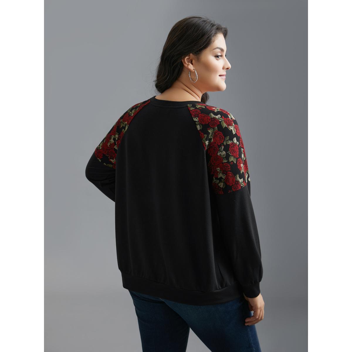 Plus Size Floral Raglan Sleeve Stretchy Fitted Sweatshirt Women Black Casual Contrast Round Neck Everyday Sweatshirts BloomChic 18-20/2X Product Image
